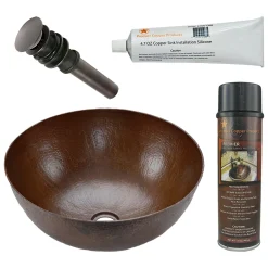 Premier Copper Products 13" Small Round Vessel Hammered Copper Bathroom Sink, Matching Drain and Accessories, Oil Rubbed Bronze, BSP5_VR13BDB-P