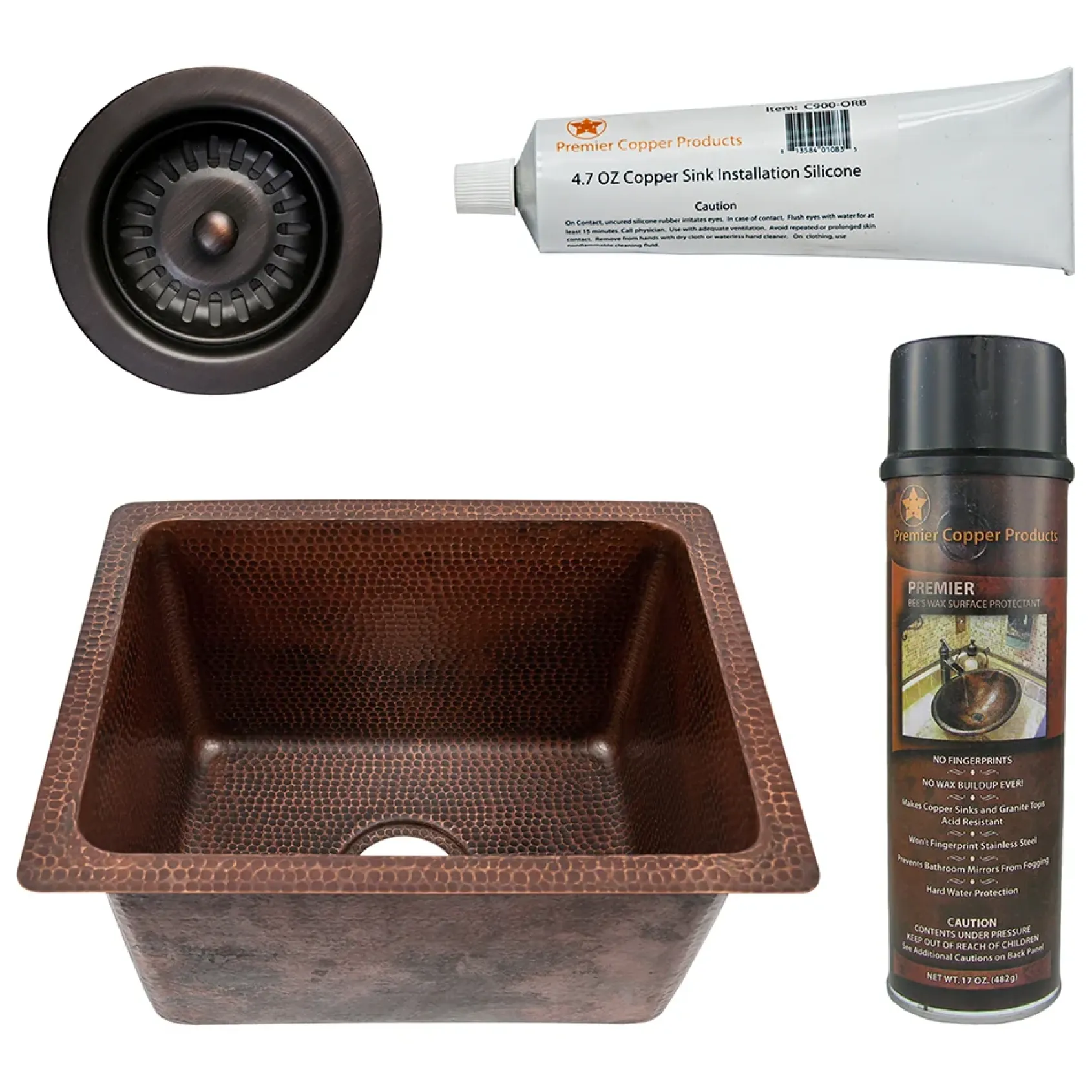 Premier Copper Products 17" Rectangle Hammered Copper Bar/Prep/Laundry/Utility Sink w/ 3.5" Drain Opening, Matching Drain and Accessories, Oil Rubbed Bronze, BSP5_BREC1713DB-D