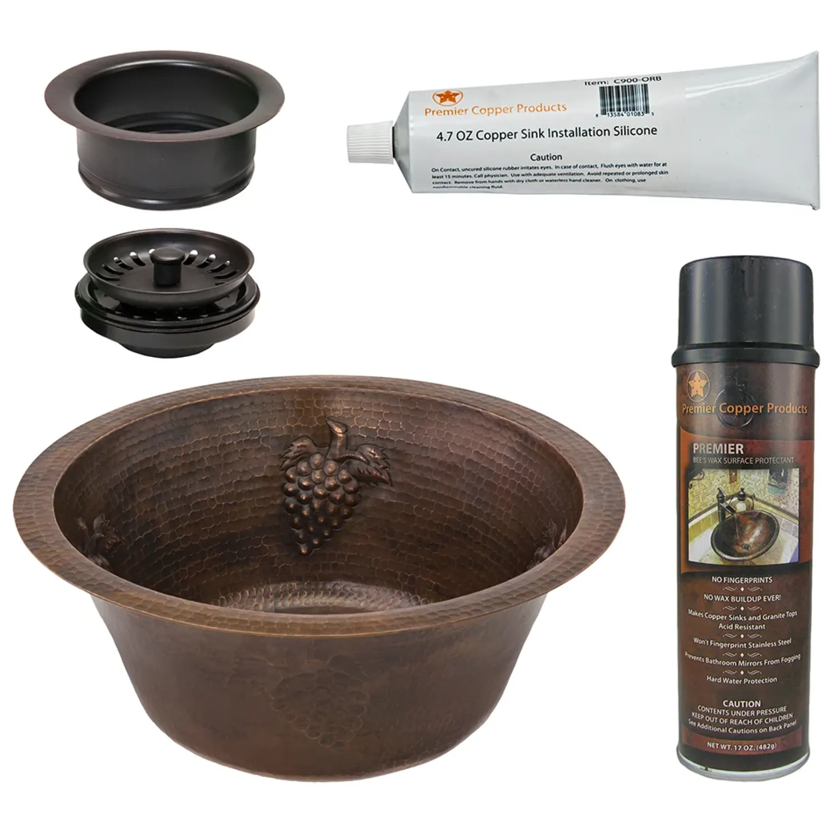 Premier Copper Products 16" Round Copper Prep Bar Sink w/ Grapes and 3.5" Drain Opening, Matching Drain and Accessories, Oil Rubbed Bronze, BSP5_BR16GDB3-G