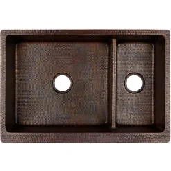 Premier Copper Products 33" Copper Farmhouse Sink, 70/30 Double Bowl, Oil Rubbed Bronze, KA70DB33229-SD5
