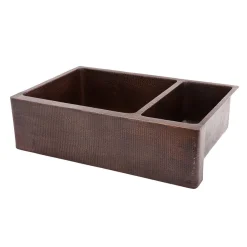 Premier Copper Products 33" Hammered Copper Kitchen Apron 75/25 Double Basin Farmhouse Sink with Matching Drains, and Accessories, Oil Rubbed Bronze, KSP3_KA75DB33229