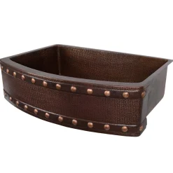Premier Copper Products 33" Hammered Copper Kitchen Rounded Apron Single Basin Farmhouse Sink with Barrel Strap Design w/ Matching Drain and Accessories, Oil Rubbed Bronze, KSP3_KASRDB33249BS