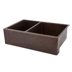 Premier Copper Products 33" Hammered Copper Kitchen Apron 40/60 Double Basin Farmhouse Sink with Matching Drains, and Accessories, Oil Rubbed Bronze, KSP3_KA40DB33229