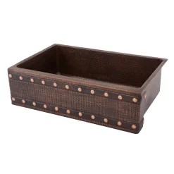 Premier Copper Products 33" Hammered Copper Kitchen Apron Single Basin Farmhouse Sink w/ Barrel Strap Design with Matching Drain and Accessories, Oil Rubbed Bronze, KSP3_KASDB33229BS