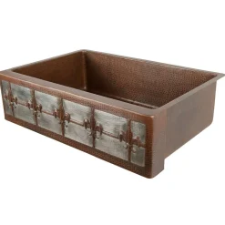 Premier Copper Products 33" Hammered Copper Kitchen Apron Single Basin Farmhouse Sink w/ Fleur De Lis and Apron Front Nickel Background with Matching Drain and Accessories, Oil Rubbed Bronze and Nickel, KSP3_KASDB33229F-NB