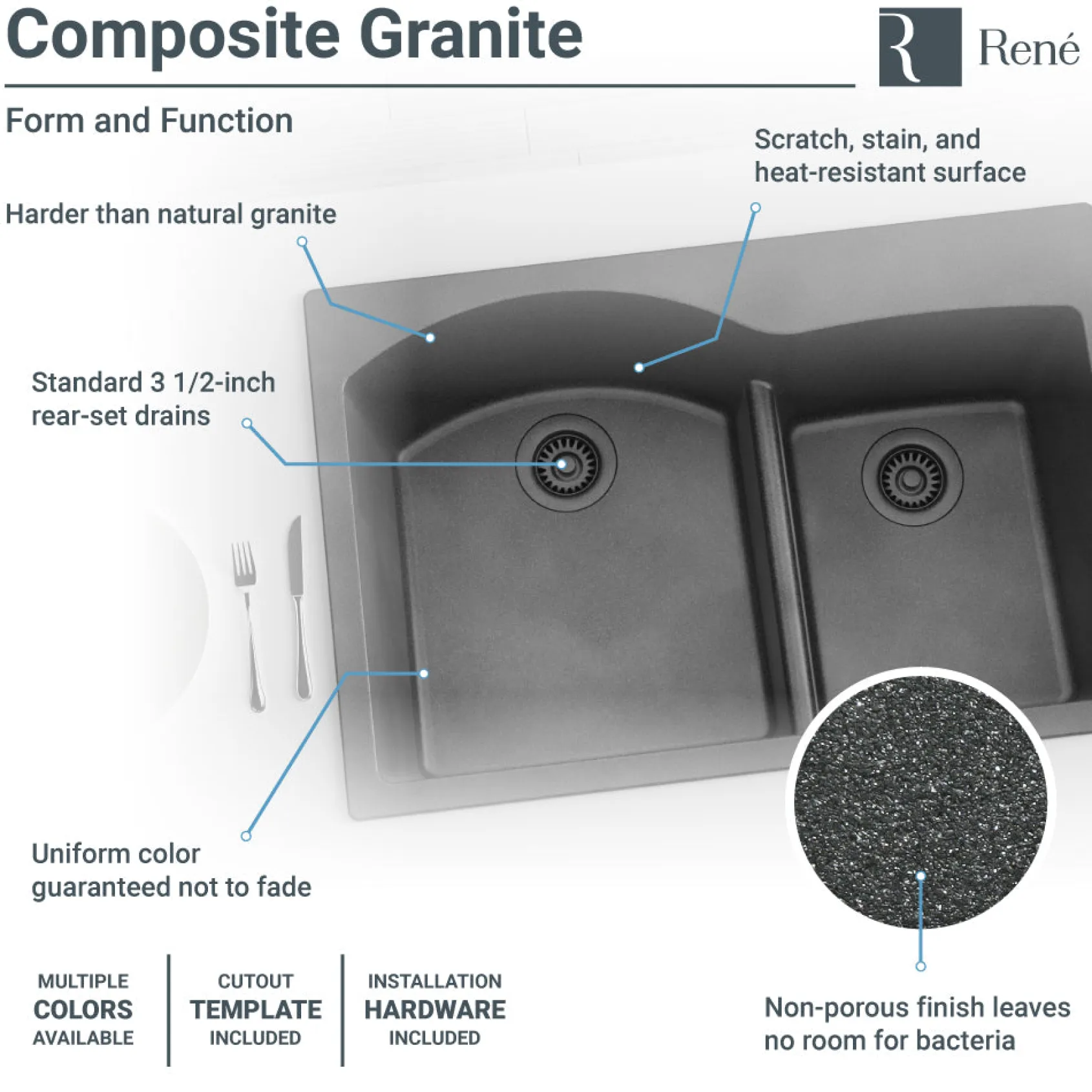 Rene 33" Composite Granite Kitchen Sink, 60/40 Double Bowl, Carbon, R3-2008-CAR-ST-CGS