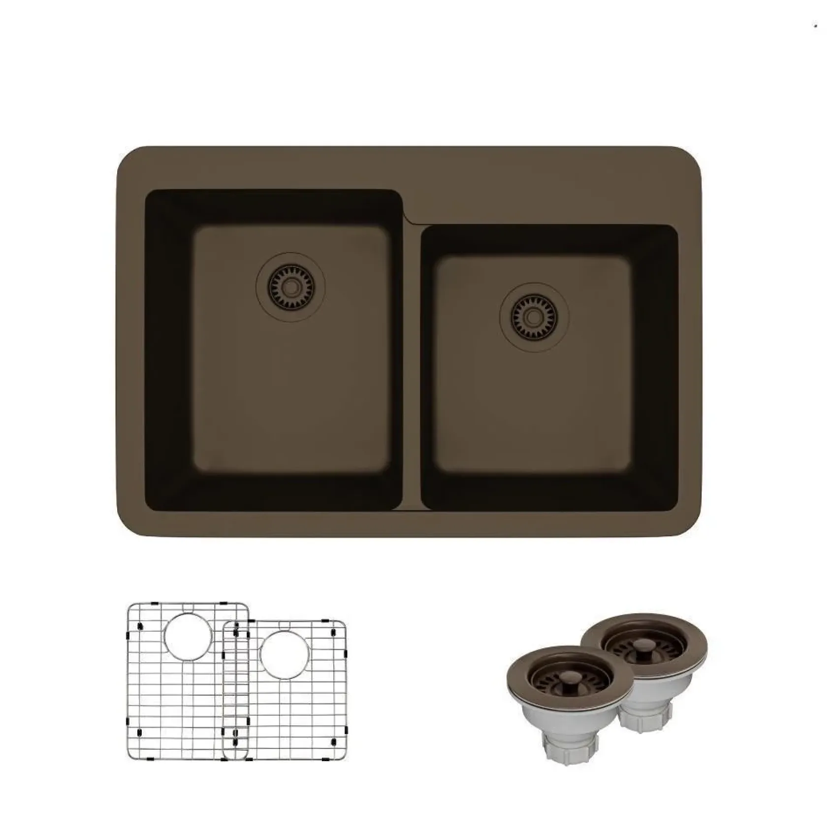 Rene 33" Composite Granite Kitchen Sink, 60/40 Double Bowl, Umber, R3-2001-UMB-ST-CGS