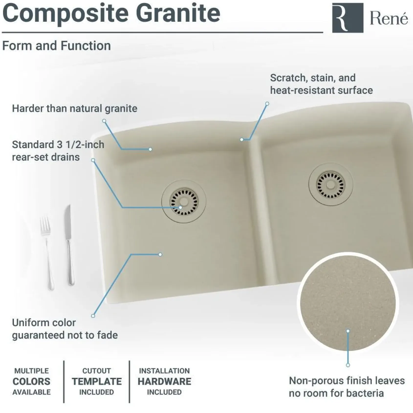 Rene 33" Composite Granite Kitchen Sink, 50/50 Double Bowl, Concrete, R3-1007-CON-ST-CGF