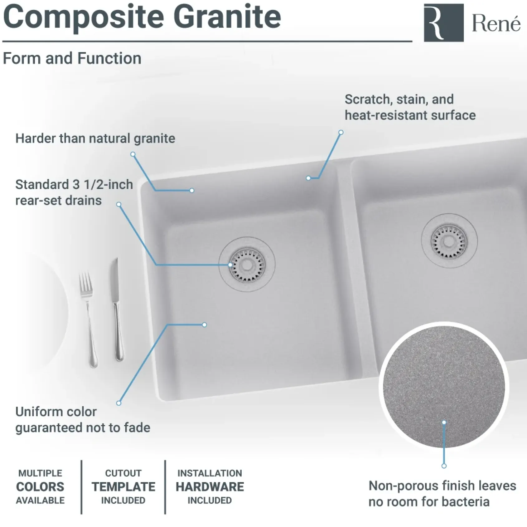 Rene 33" Composite Granite Kitchen Sink, 50/50 Double Bowl, Pewter, R3-1002-PWT-ST-CGS