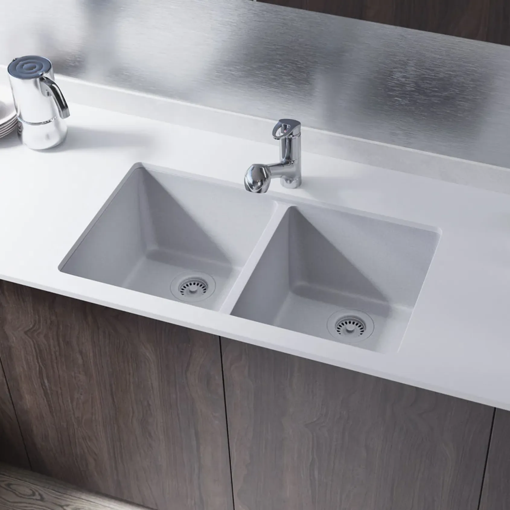 Rene 33" Composite Granite Kitchen Sink, 50/50 Double Bowl, Pewter, R3-1002-PWT-ST-CGS