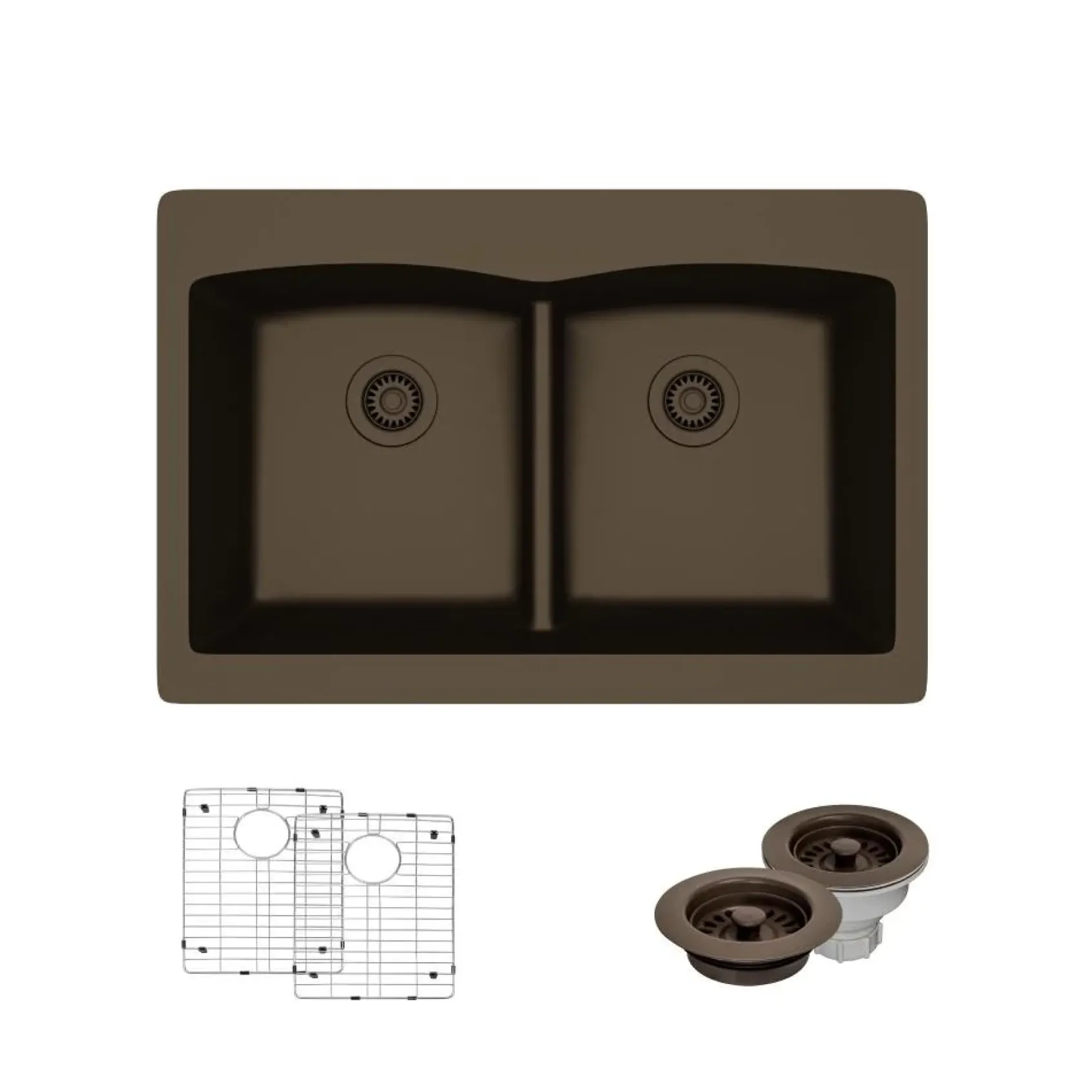Rene 33" Composite Granite Kitchen Sink, 50/50 Double Bowl, Umber, R3-2007-UMB-ST-CGF