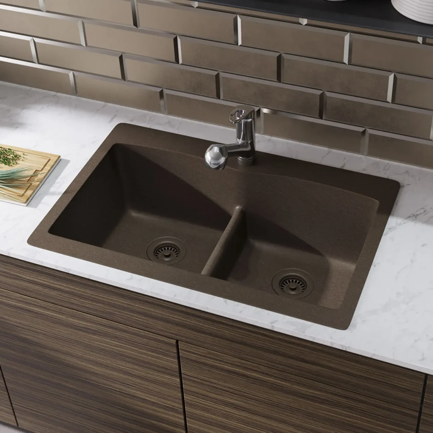 Rene 33" Composite Granite Kitchen Sink, 50/50 Double Bowl, Umber, R3-2007-UMB-ST-CGF