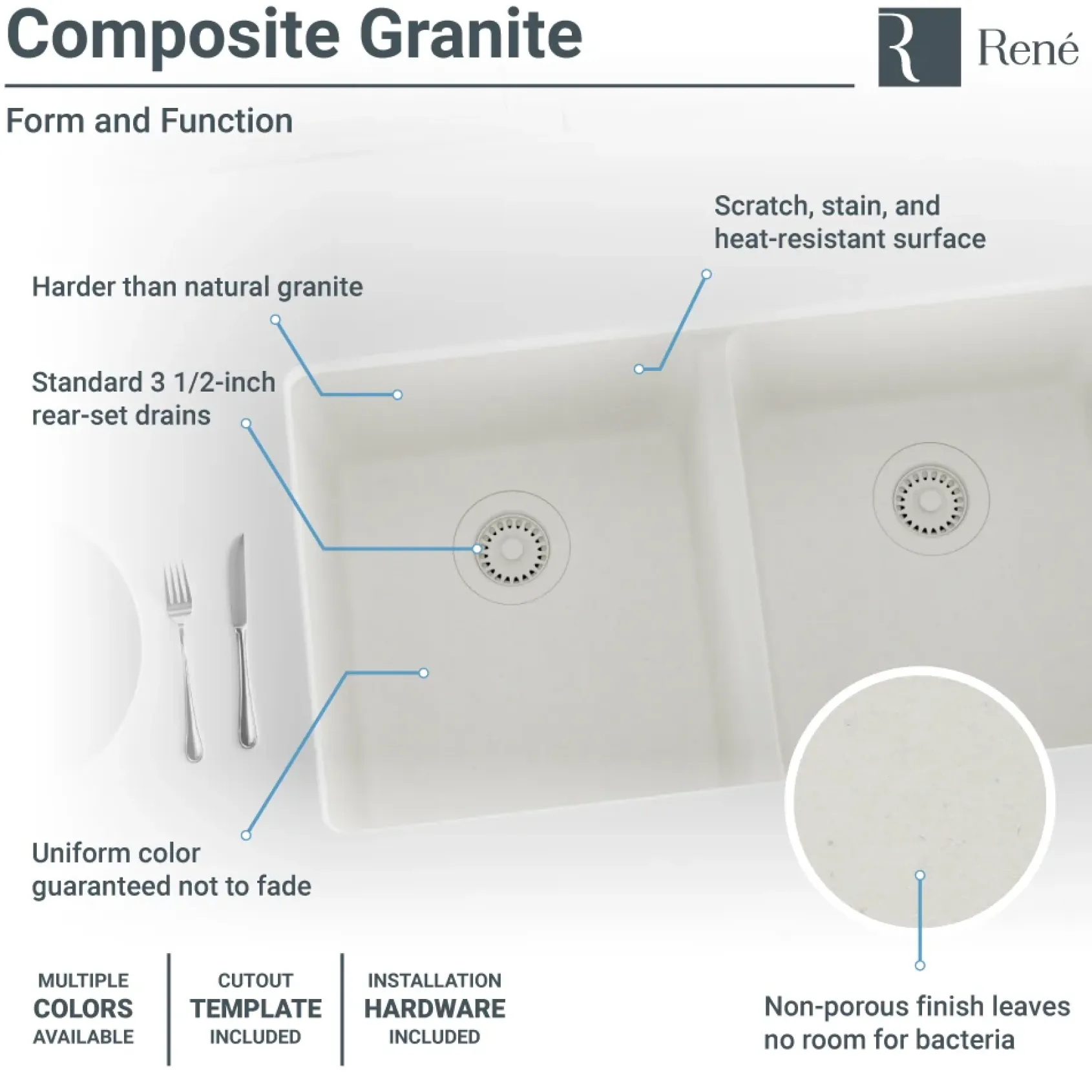 Rene 33" Composite Granite Kitchen Sink, 50/50 Double Bowl, Ivory, R3-1002-IVR-ST-CGS