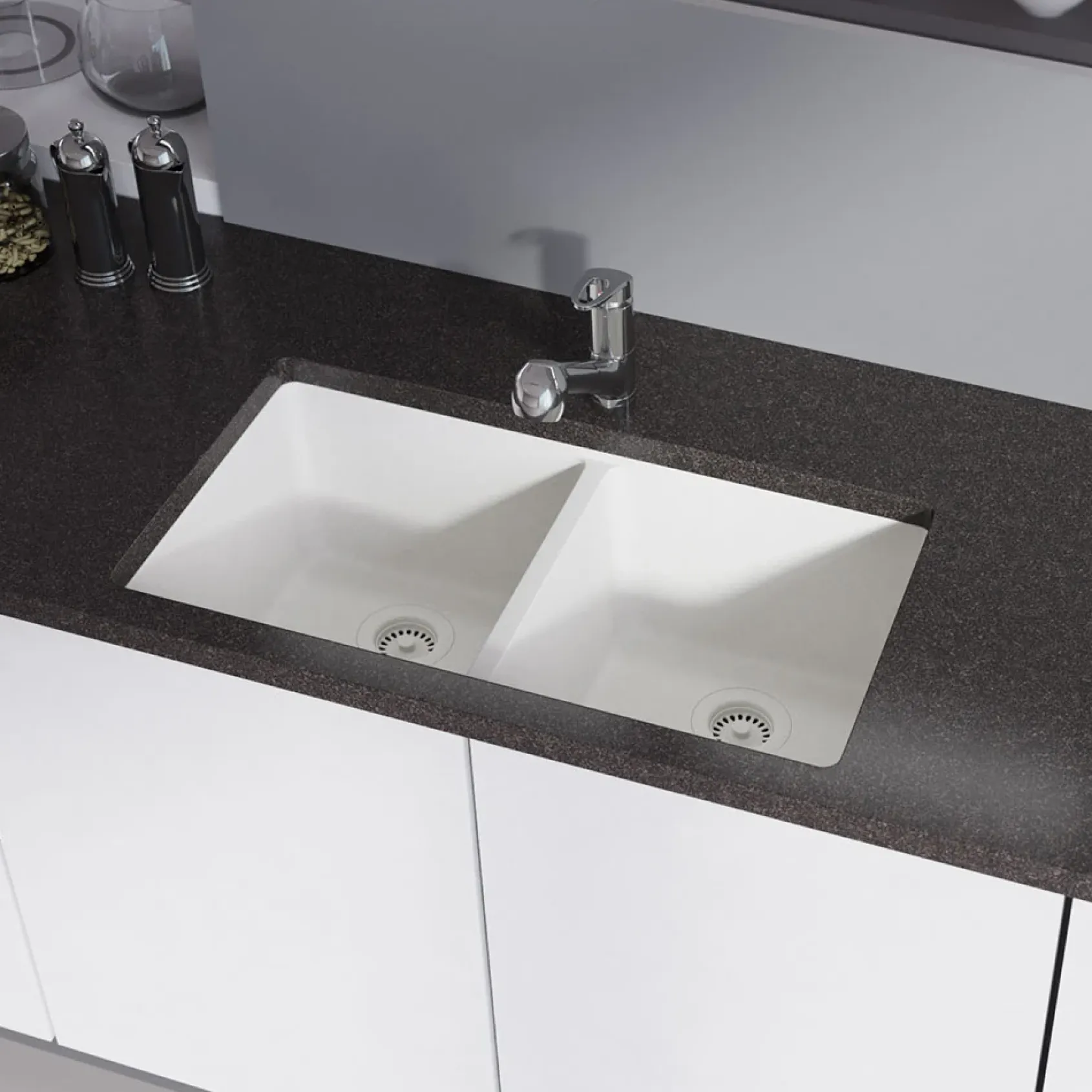 Rene 33" Composite Granite Kitchen Sink, 50/50 Double Bowl, Ivory, R3-1002-IVR-ST-CGS