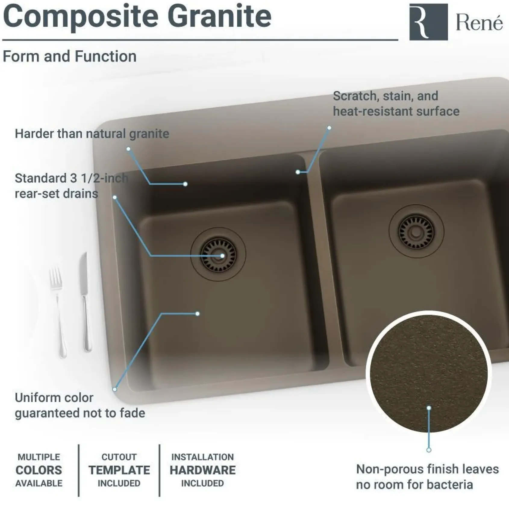 Rene 33" Composite Granite Kitchen Sink, 50/50 Double Bowl, Umber, R3-2002-UMB-ST-CGS