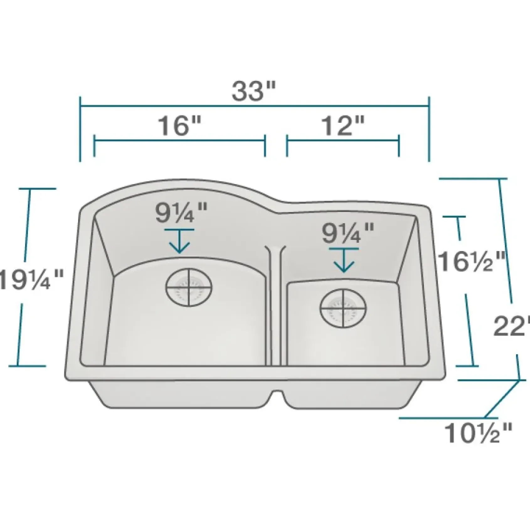 Rene 33" Composite Granite Kitchen Sink, 60/40 Double Bowl, Concrete, R3-1008-CON-ST-CGF