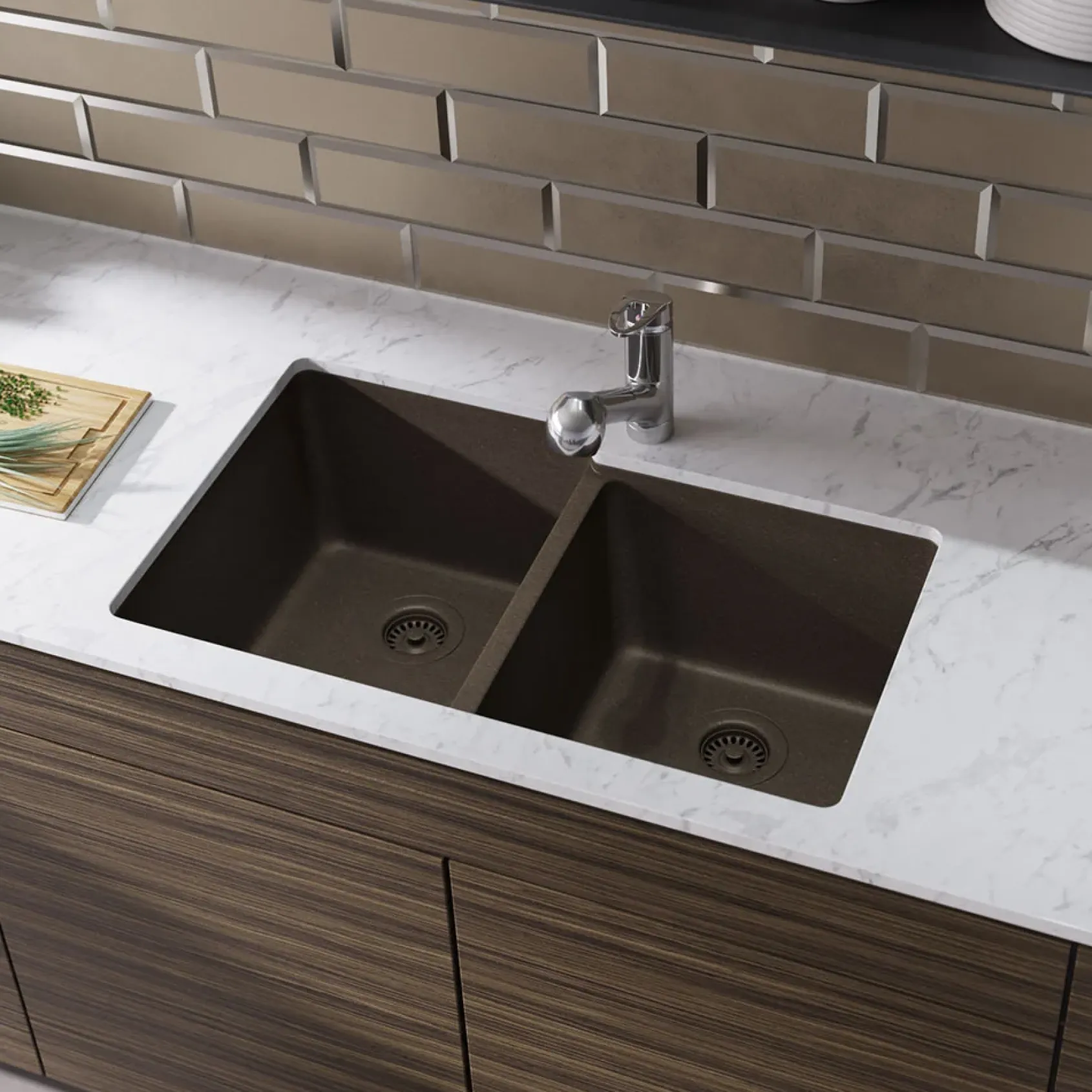 Rene 33" Composite Granite Kitchen Sink, 55/45 Double Bowl, Umber, R3-1001-UMB-ST-CGF