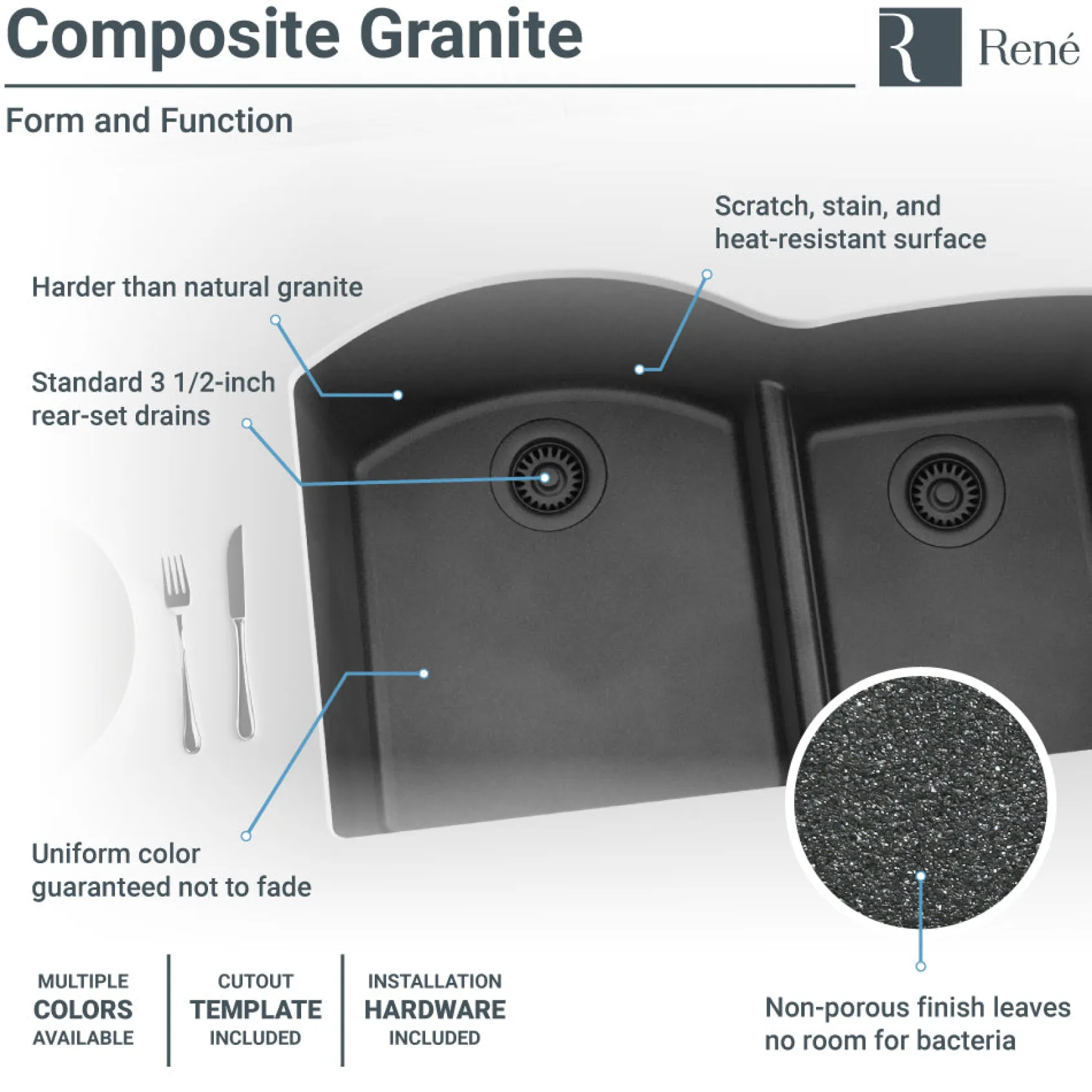Rene 33" Composite Granite Kitchen Sink, 60/40 Double Bowl, Carbon, R3-1008-CAR-ST-CGF