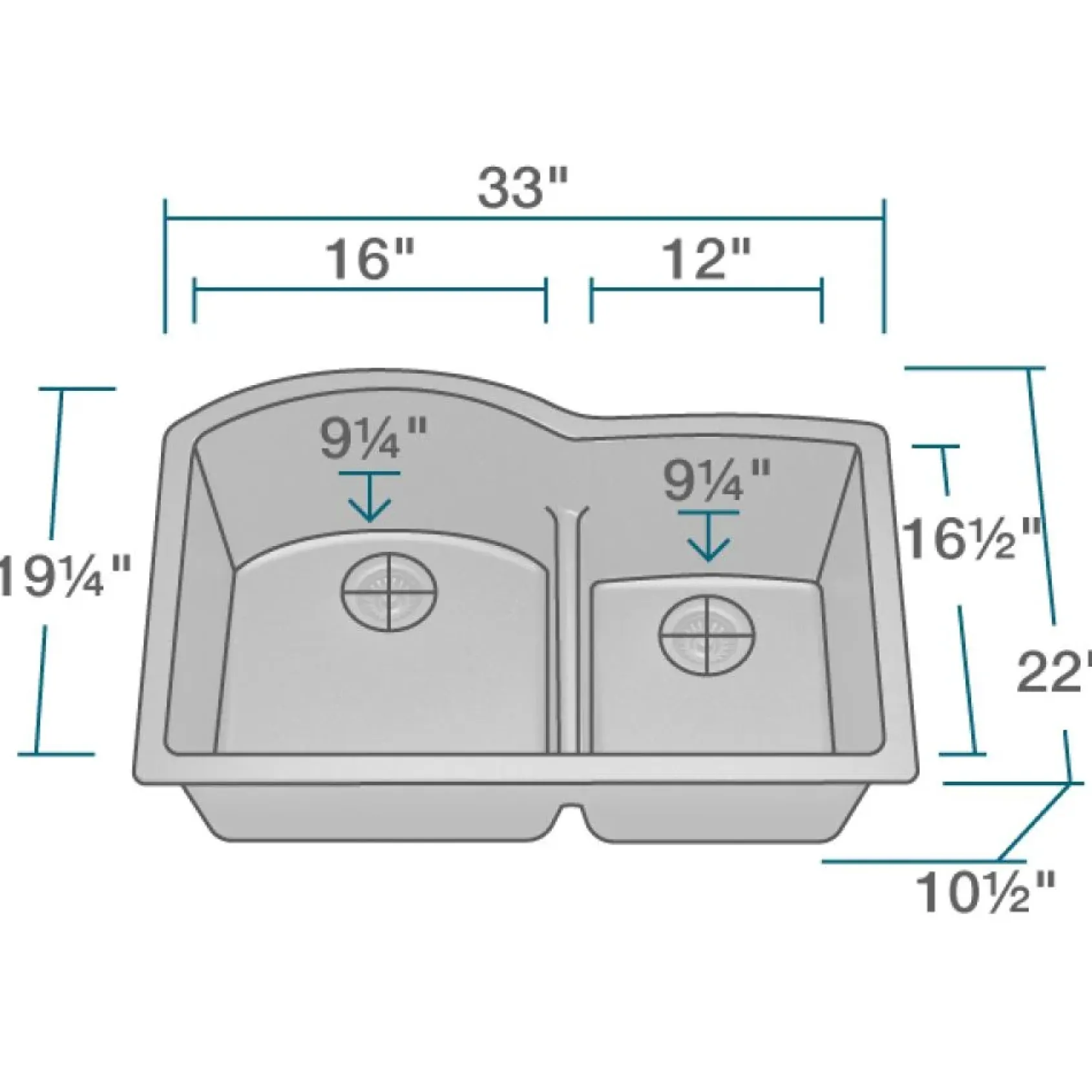 Rene 33" Composite Granite Kitchen Sink, 60/40 Double Bowl, Carbon, R3-1008-CAR-ST-CGF