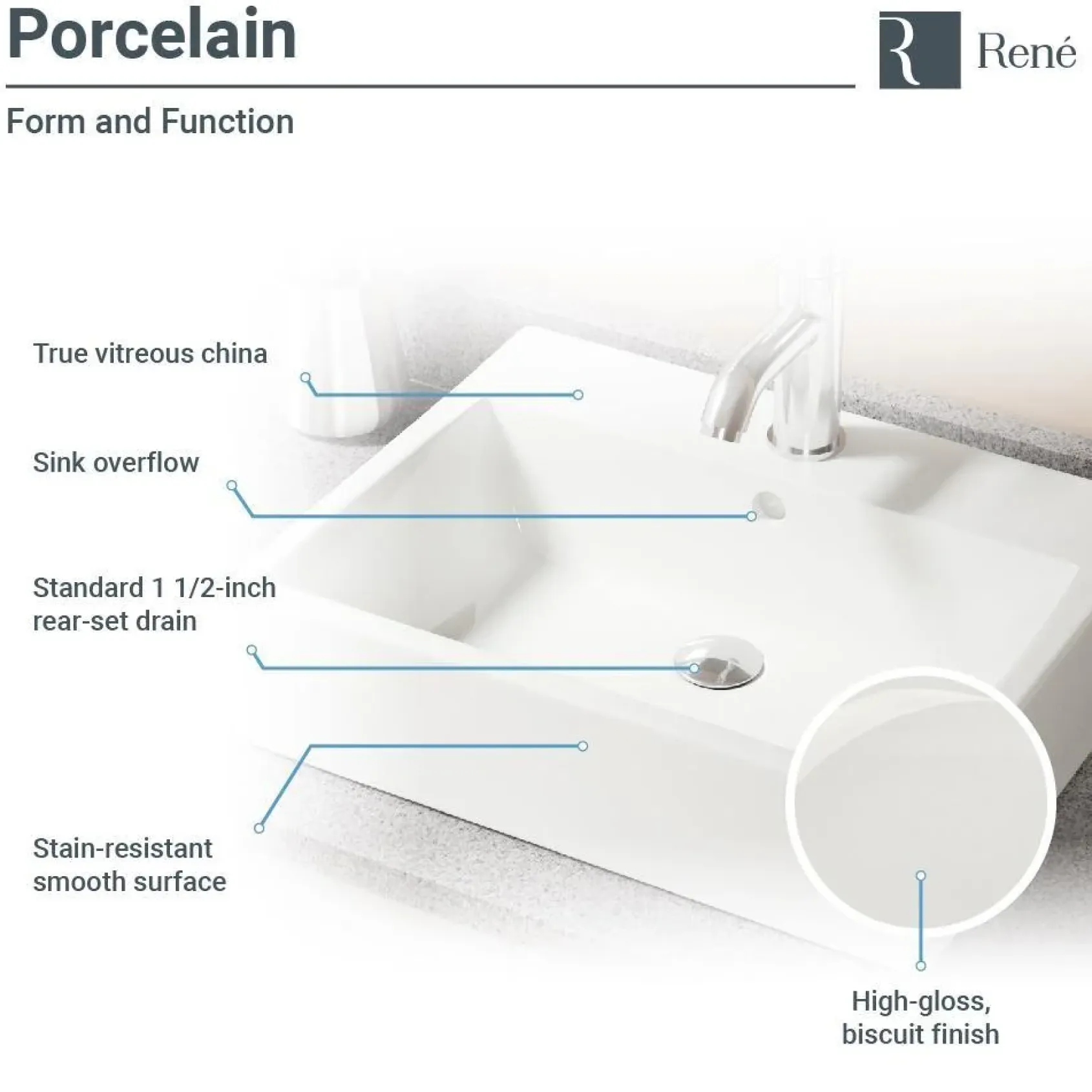 Rene 21" Rectangle Porcelain Bathroom Sink, Biscuit, with Faucet, R2-5018-B-R9-7002-BN