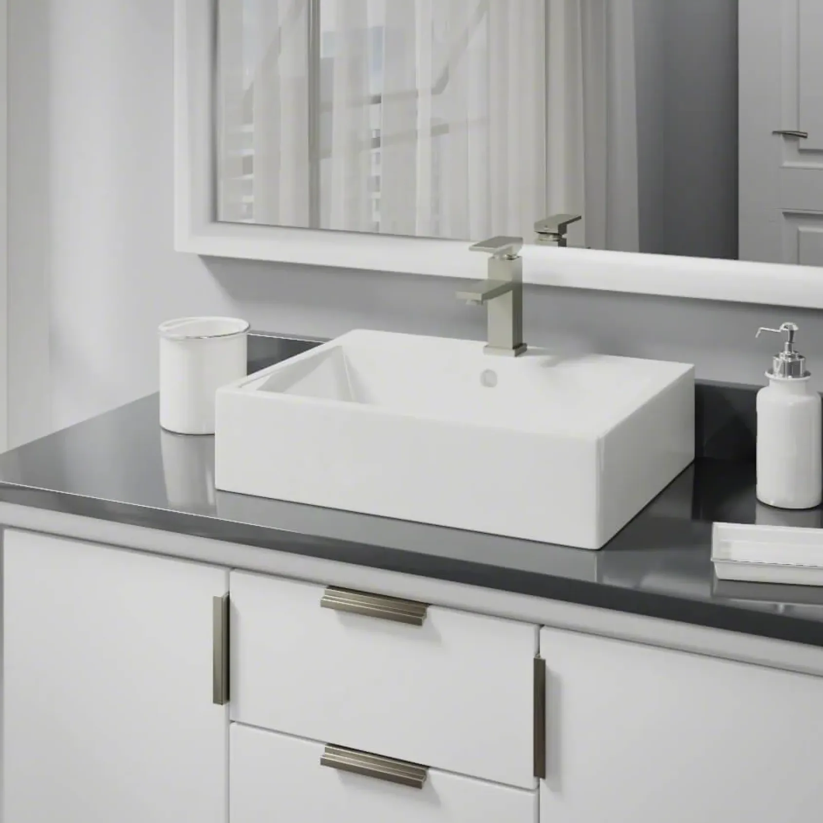 Rene 21" Rectangle Porcelain Bathroom Sink, Biscuit, with Faucet, R2-5018-B-R9-7002-BN