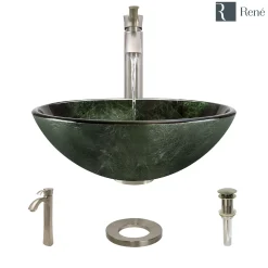 Rene 17" Round Glass Bathroom Sink, Forest Green, with Faucet, R5-5027-R9-7006-BN