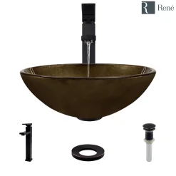 Rene 17" Round Glass Bathroom Sink, Regal Bronze and Earth Tones, with Faucet, R5-5035-R9-7003-ABR