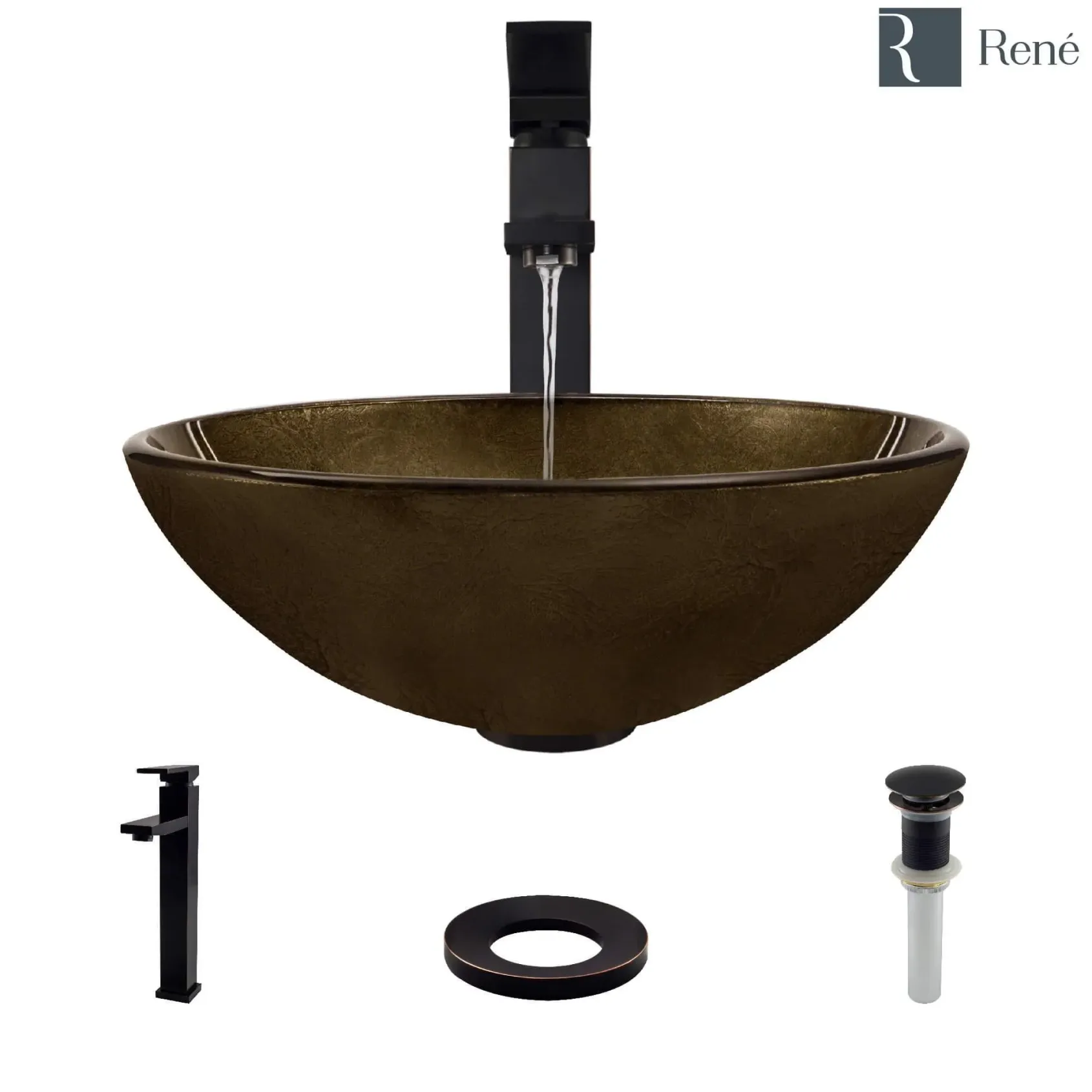 Rene 17" Round Glass Bathroom Sink, Regal Bronze and Earth Tones, with Faucet, R5-5035-R9-7003-ABR