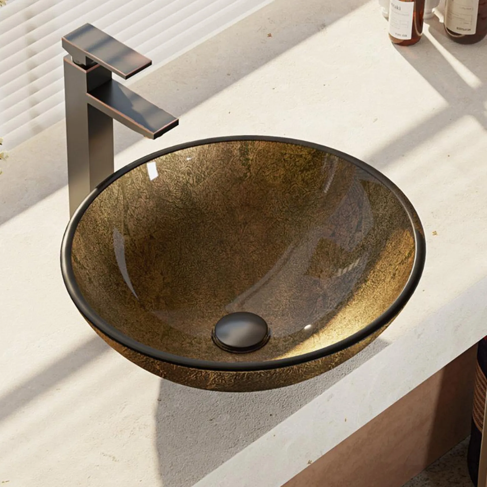 Rene 17" Round Glass Bathroom Sink, Regal Bronze and Earth Tones, with Faucet, R5-5035-R9-7003-ABR