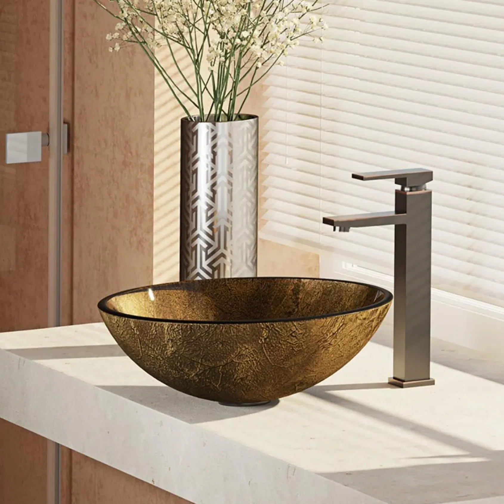 Rene 17" Round Glass Bathroom Sink, Regal Bronze and Earth Tones, with Faucet, R5-5035-R9-7003-ABR