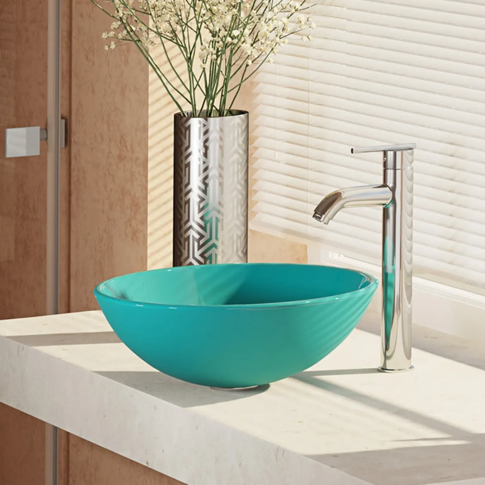 Rene 17" Round Glass Bathroom Sink, Cerulean, with Faucet, R5-5001-CER-R9-7001-C