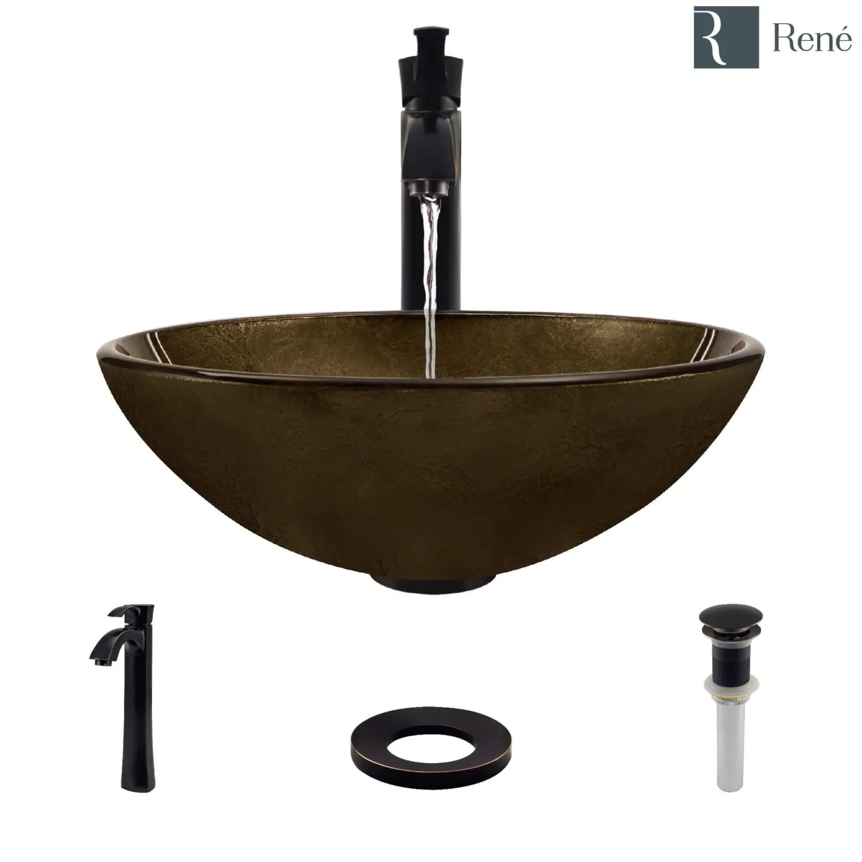 Rene 17" Round Glass Bathroom Sink, Regal Bronze and Earth Tones, with Faucet, R5-5035-R9-7006-ABR