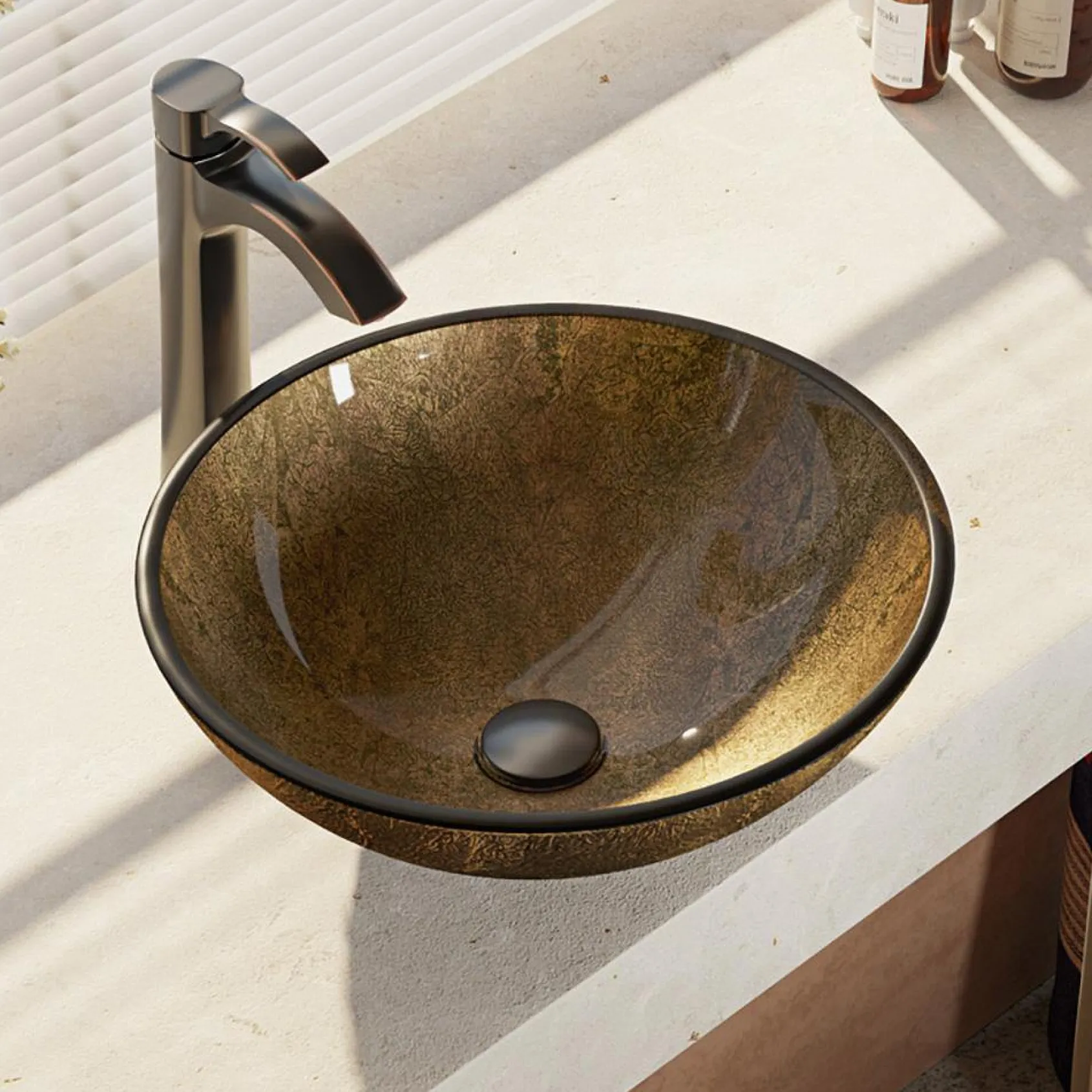Rene 17" Round Glass Bathroom Sink, Regal Bronze and Earth Tones, with Faucet, R5-5035-R9-7006-ABR
