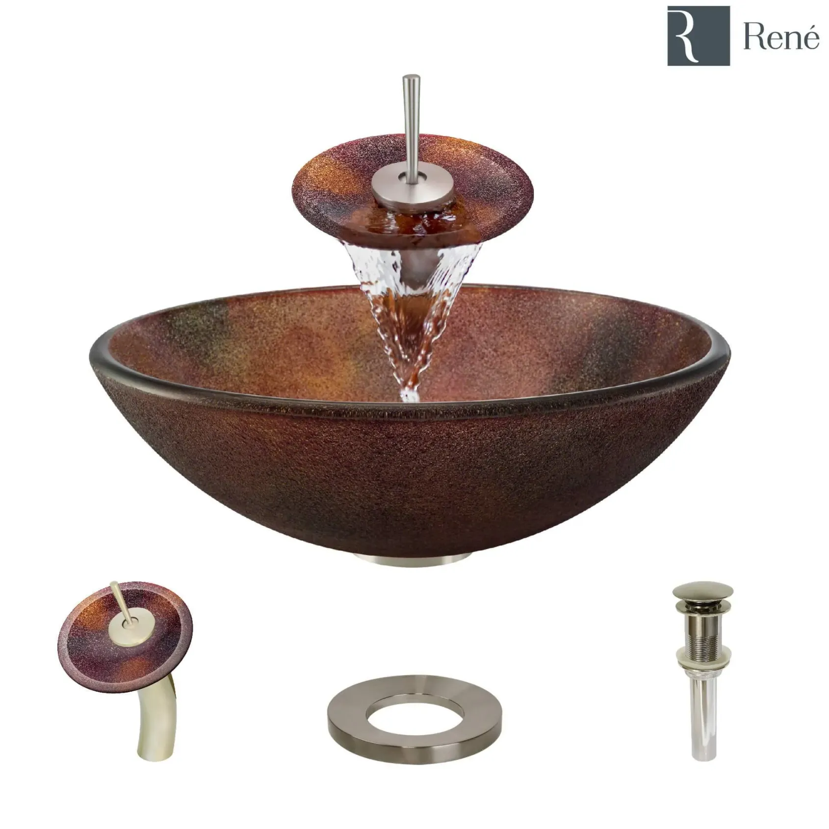 Rene 17" Round Glass Bathroom Sink, Multi-Color, with Faucet, R5-5014-WF-BN