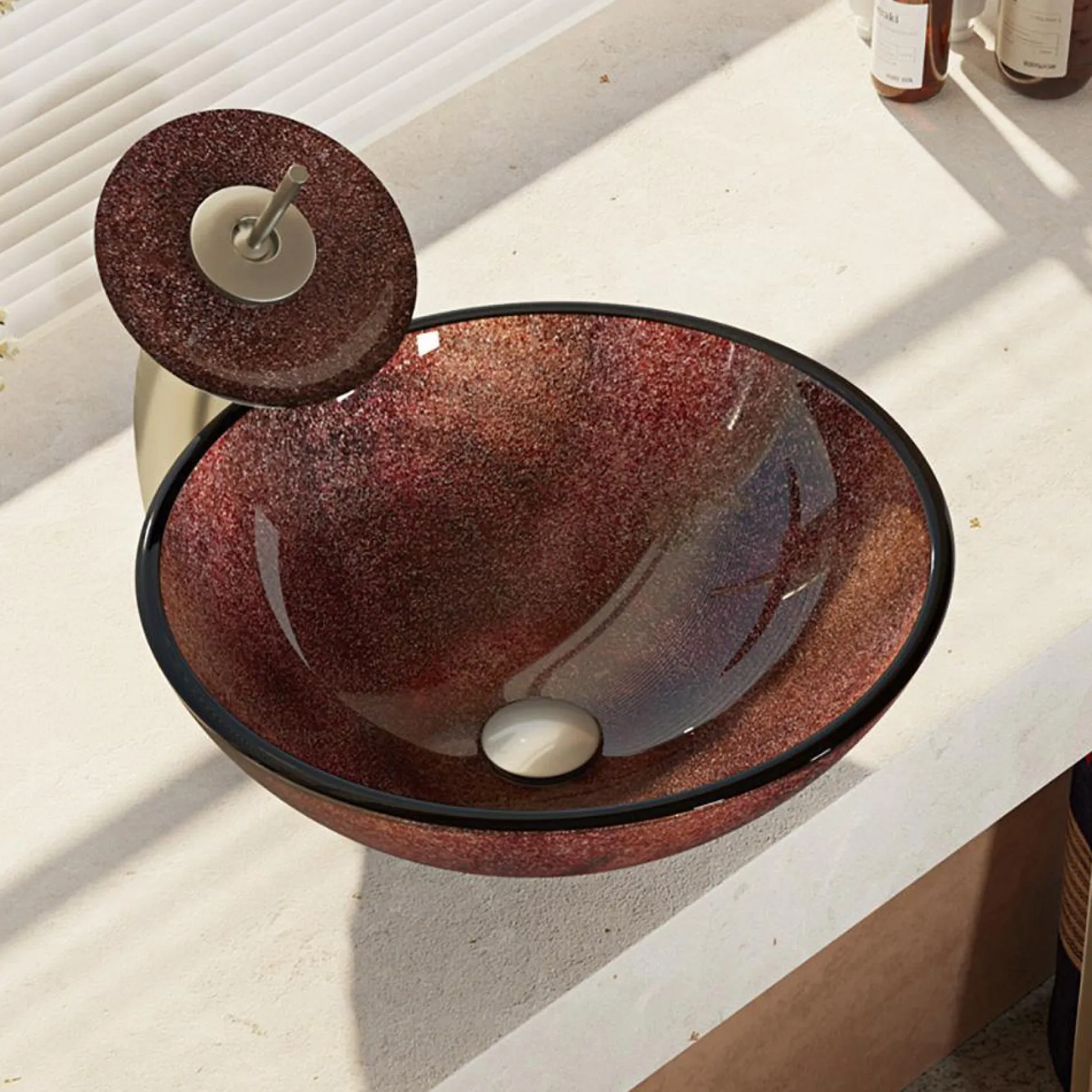 Rene 17" Round Glass Bathroom Sink, Multi-Color, with Faucet, R5-5014-WF-BN