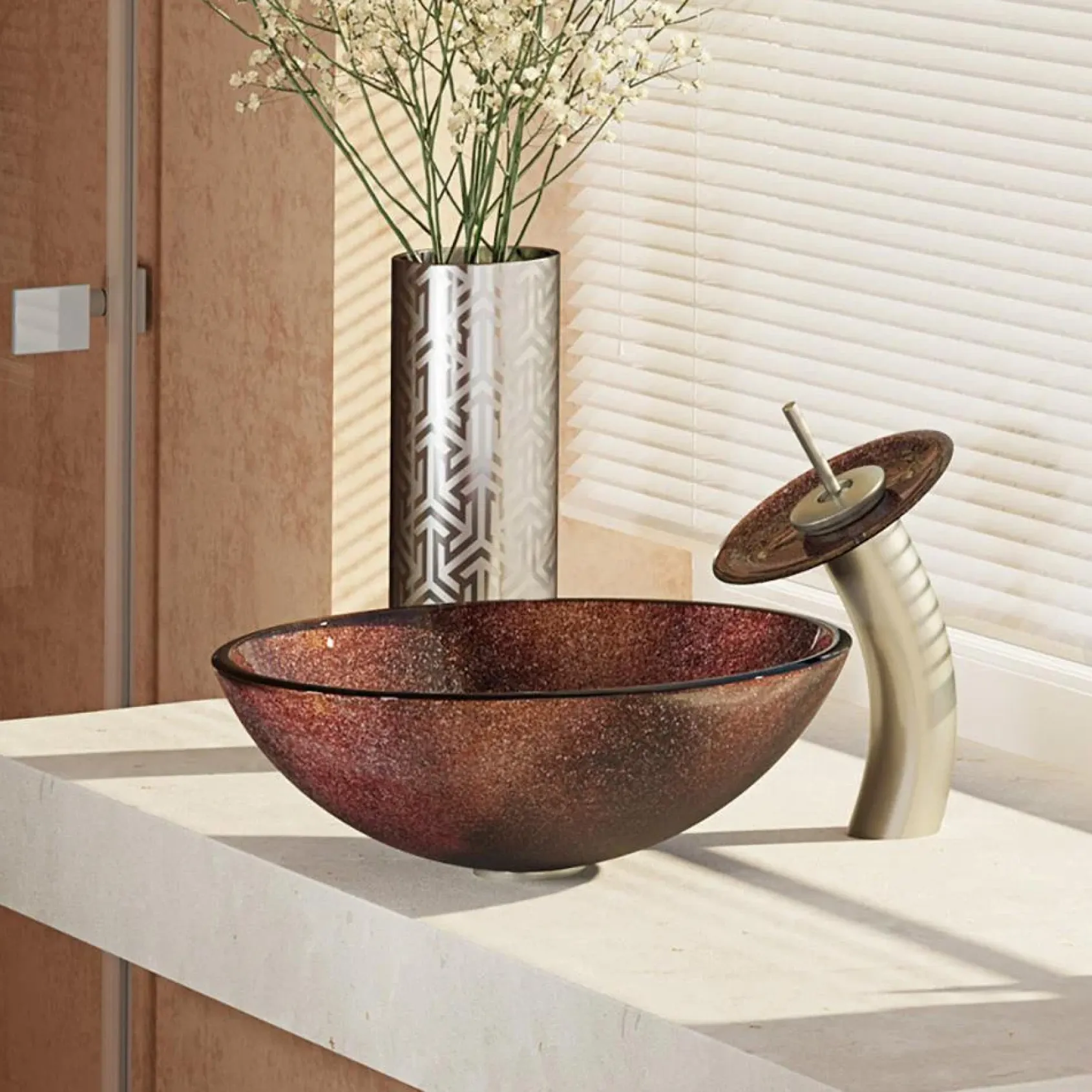 Rene 17" Round Glass Bathroom Sink, Multi-Color, with Faucet, R5-5014-WF-BN