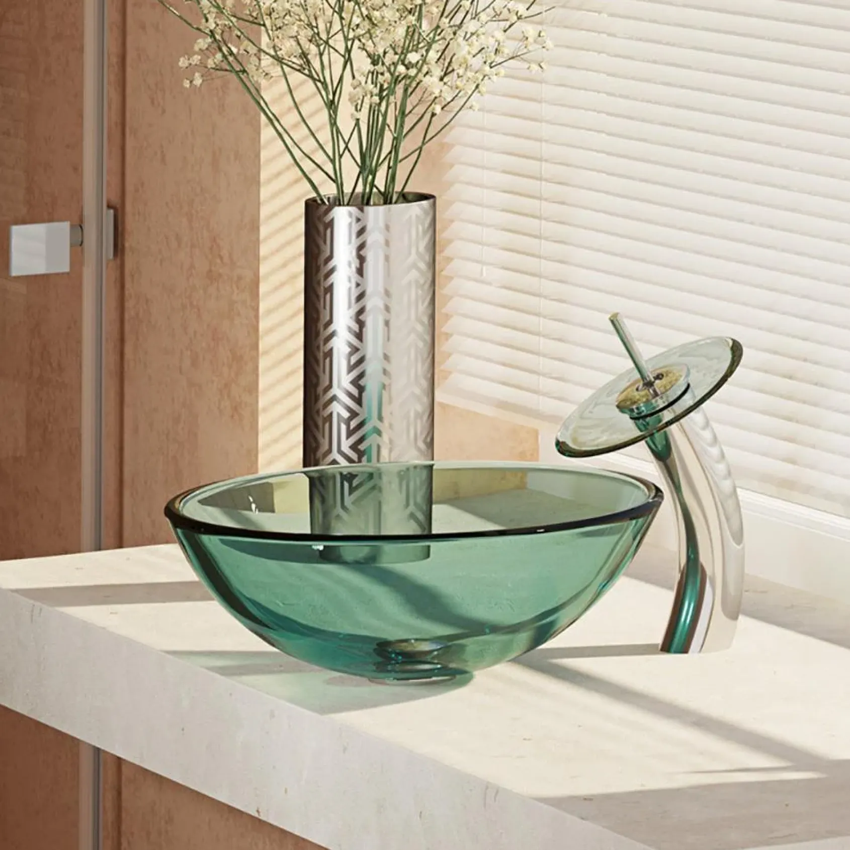 Rene 17" Round Glass Bathroom Sink, Ivy, with Faucet, R5-5001-IVY-WF-C