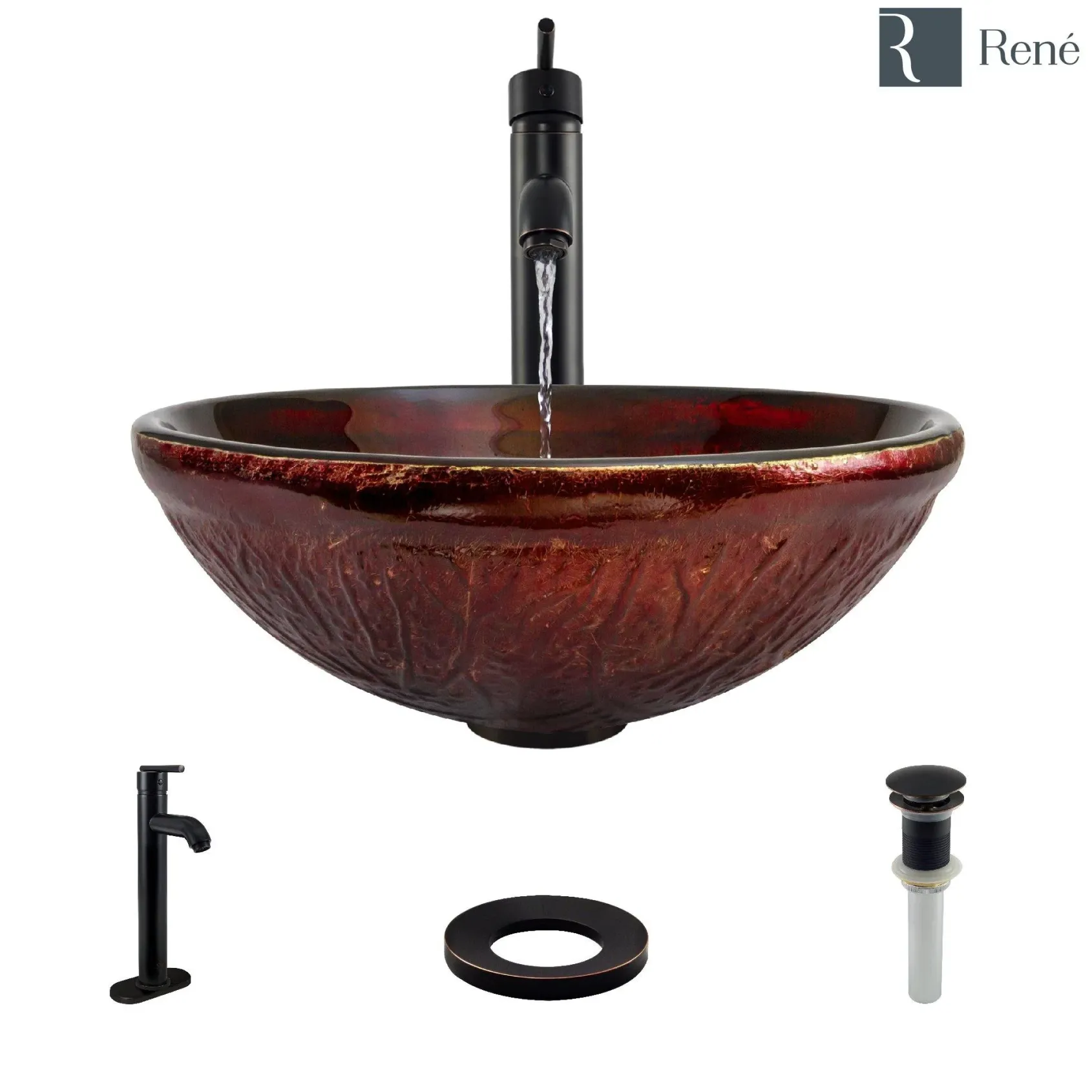 Rene 17" Round Glass Bathroom Sink, Fiery Red, with Faucet, R5-5018-R9-7001-ABR