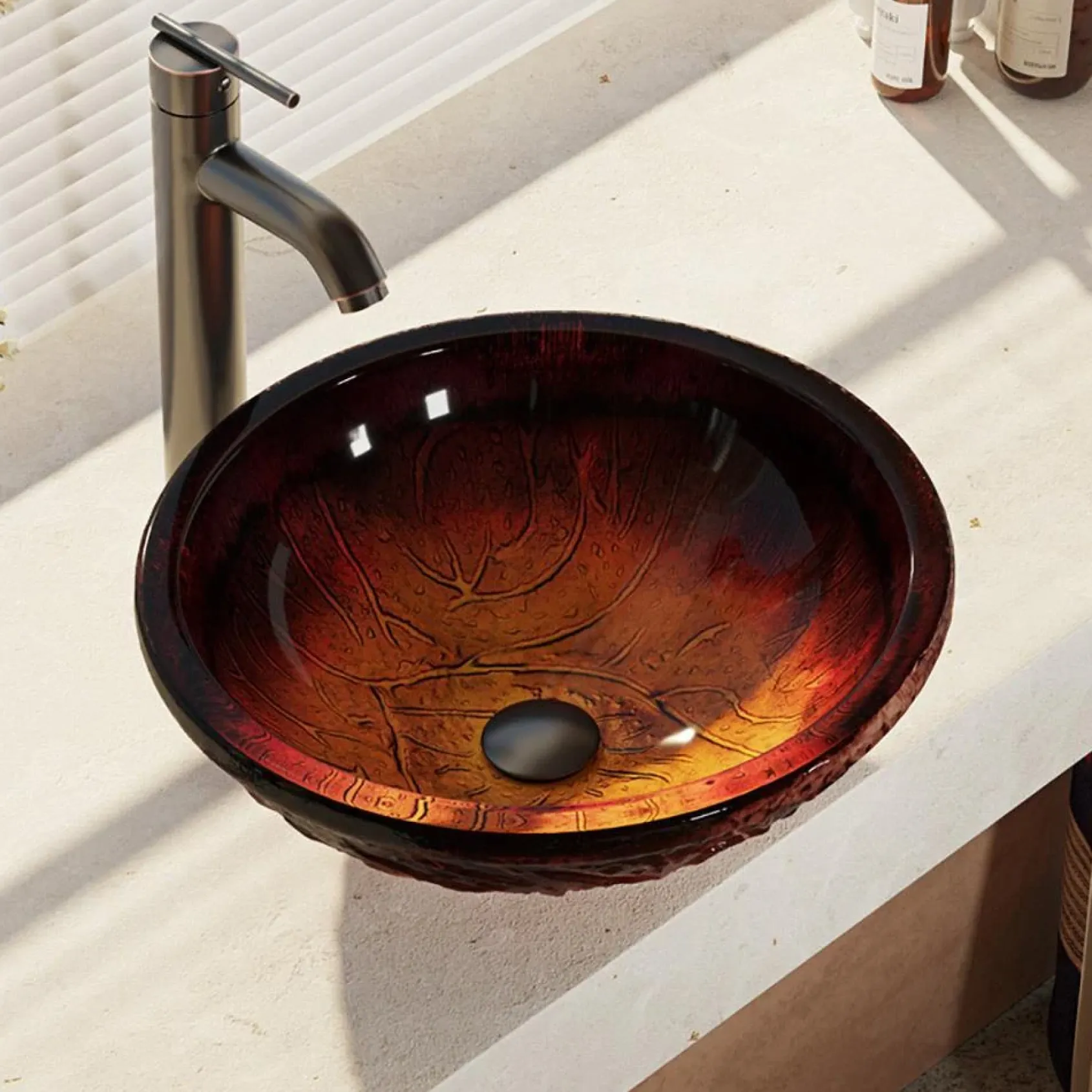 Rene 17" Round Glass Bathroom Sink, Fiery Red, with Faucet, R5-5018-R9-7001-ABR