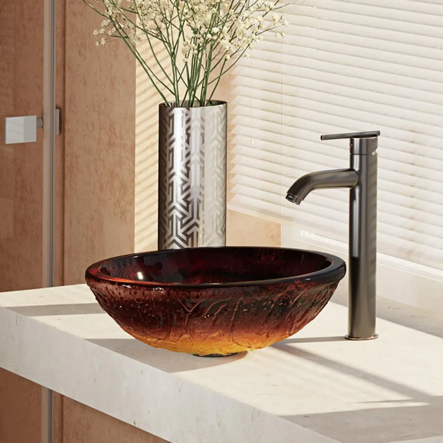 Rene 17" Round Glass Bathroom Sink, Fiery Red, with Faucet, R5-5018-R9-7001-ABR