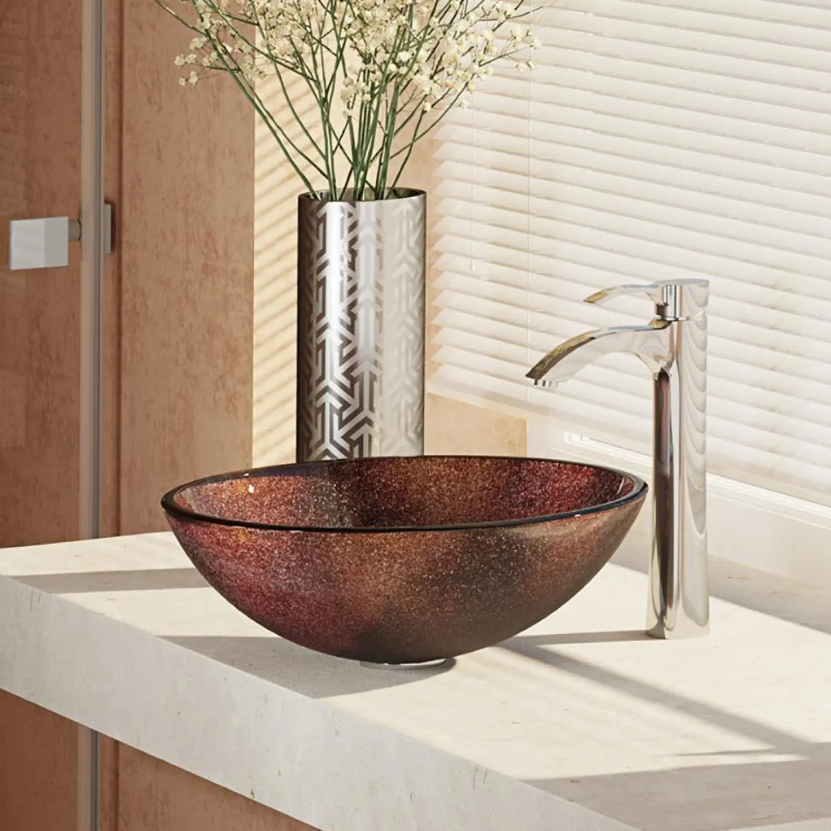 Rene 17" Round Glass Bathroom Sink, Multi-Color, with Faucet, R5-5014-R9-7006-C