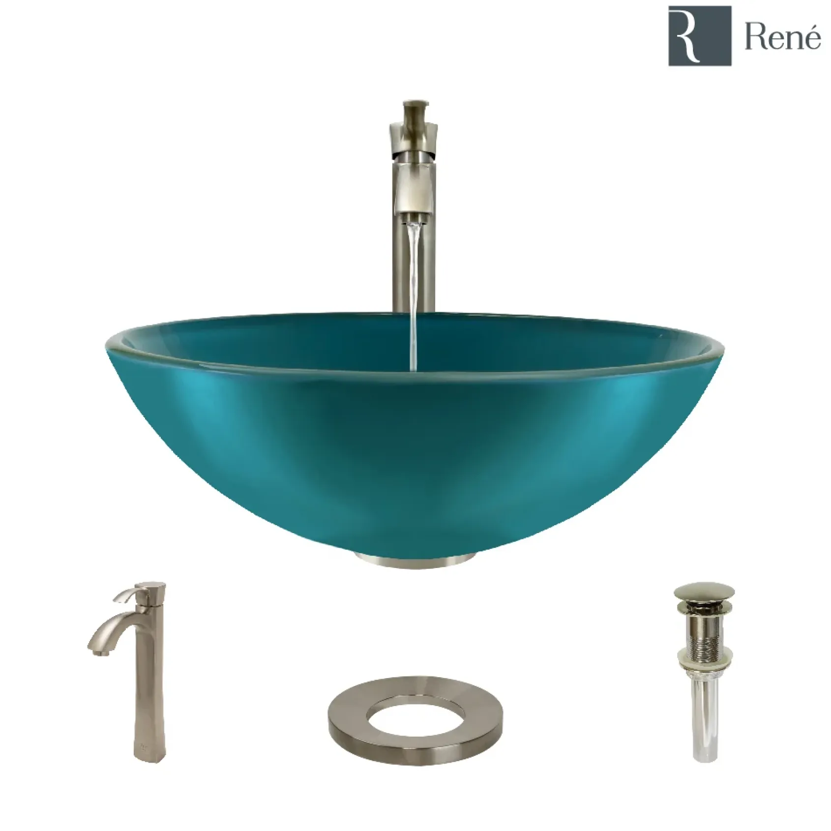 Rene 17" Round Glass Bathroom Sink, Cerulean, with Faucet, R5-5001-CER-R9-7006-BN