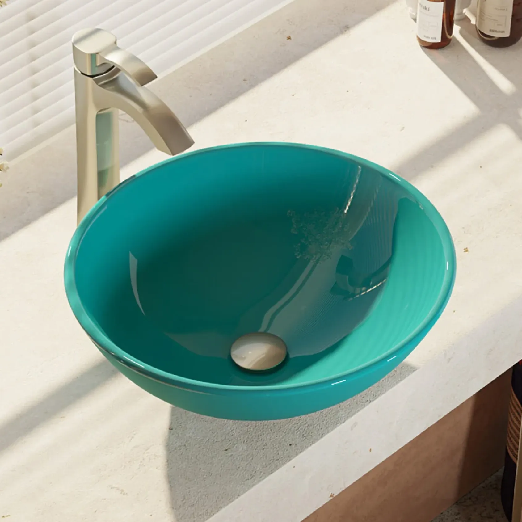 Rene 17" Round Glass Bathroom Sink, Cerulean, with Faucet, R5-5001-CER-R9-7006-BN