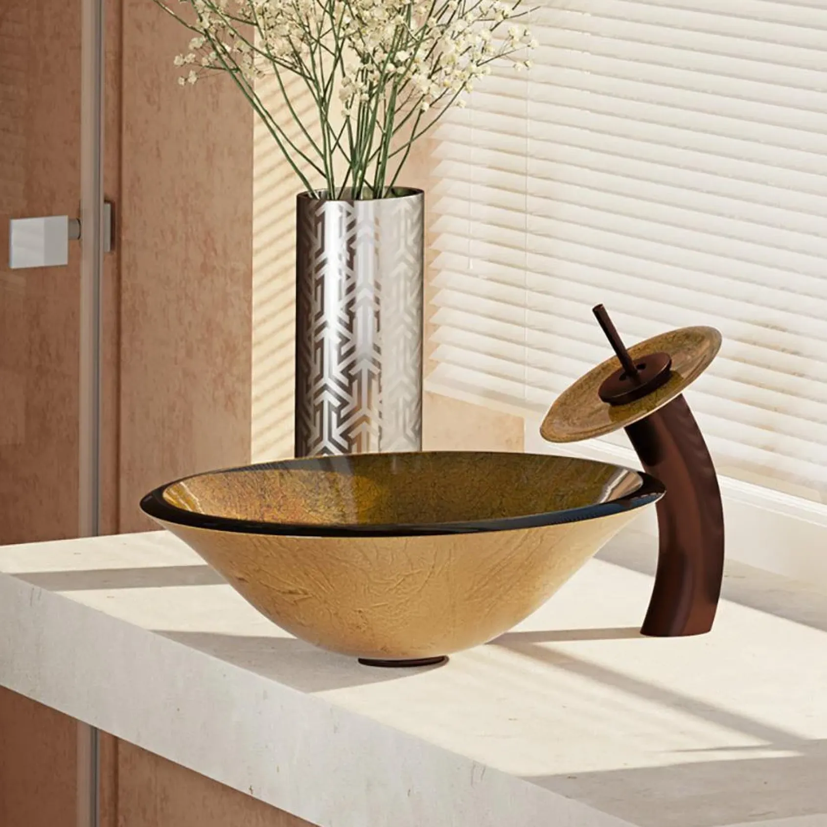 Rene 18" Round Glass Bathroom Sink, Orange Gold Foil, with Faucet, R5-5013-WF-ORB