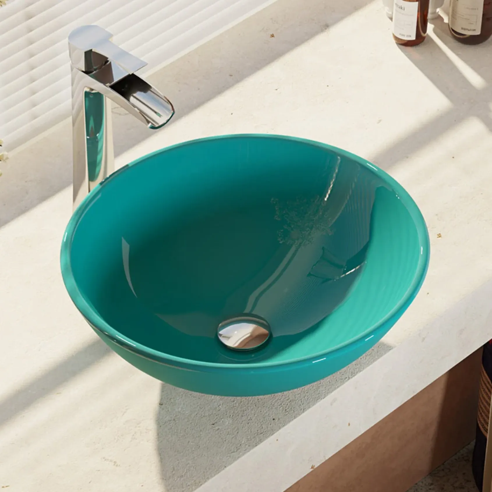 Rene 17" Round Glass Bathroom Sink, Cerulean, with Faucet, R5-5001-CER-R9-7007-C