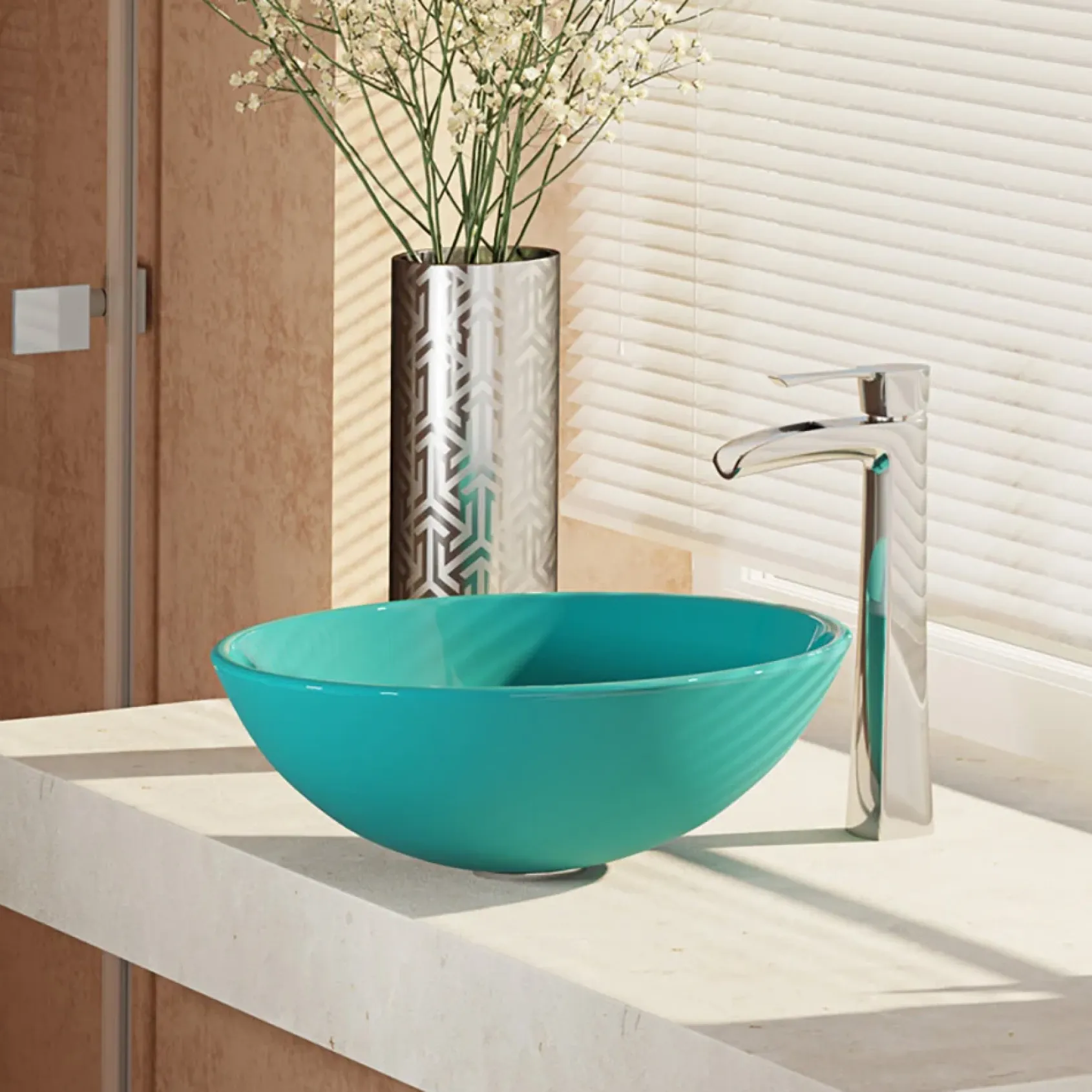 Rene 17" Round Glass Bathroom Sink, Cerulean, with Faucet, R5-5001-CER-R9-7007-C