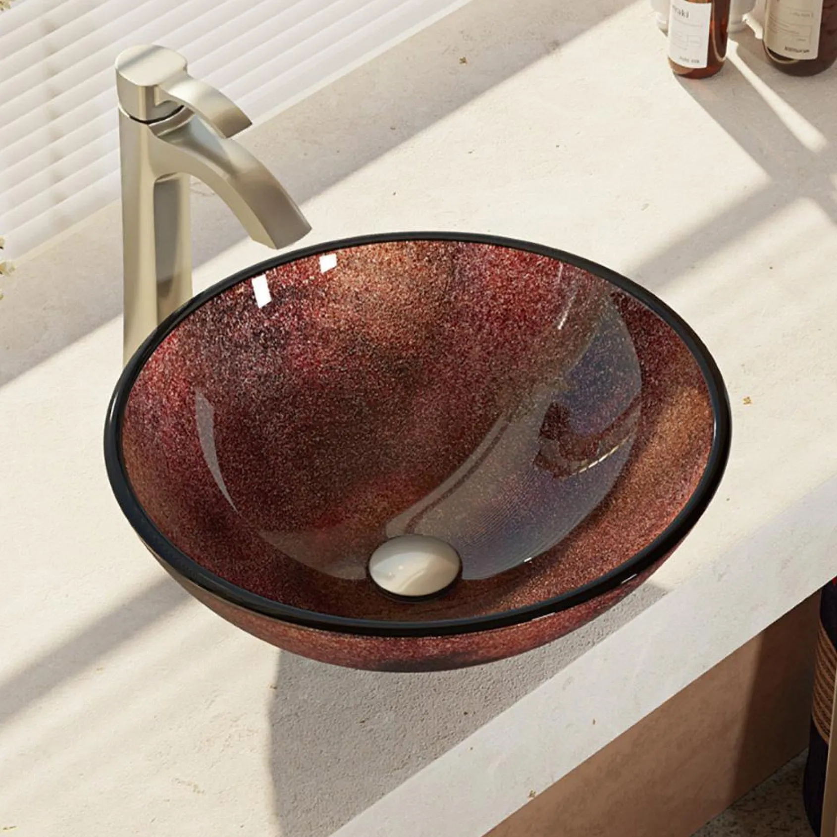 Rene 17" Round Glass Bathroom Sink, Multi-Color, with Faucet, R5-5014-R9-7006-BN