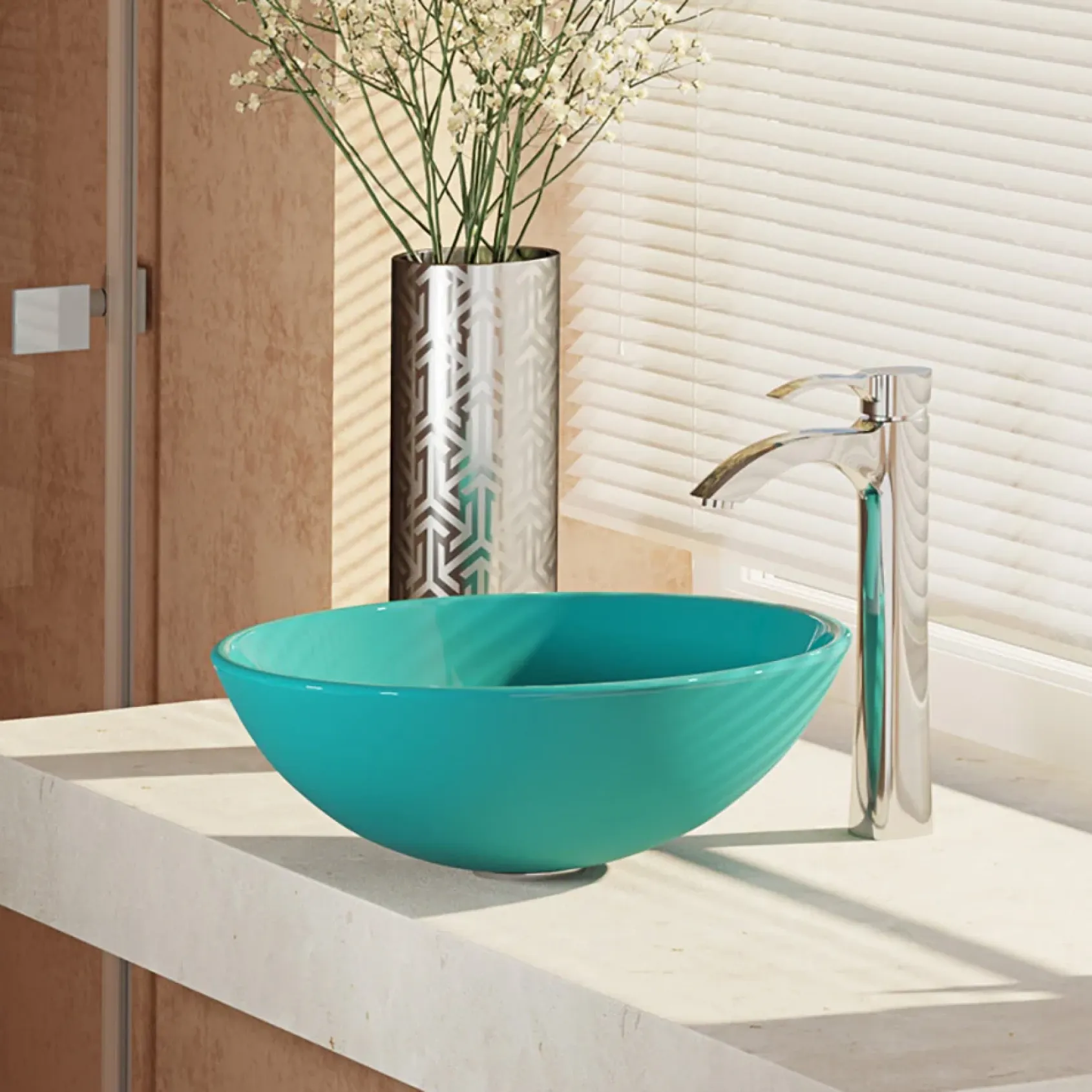 Rene 17" Round Glass Bathroom Sink, Cerulean, with Faucet, R5-5001-CER-R9-7006-C