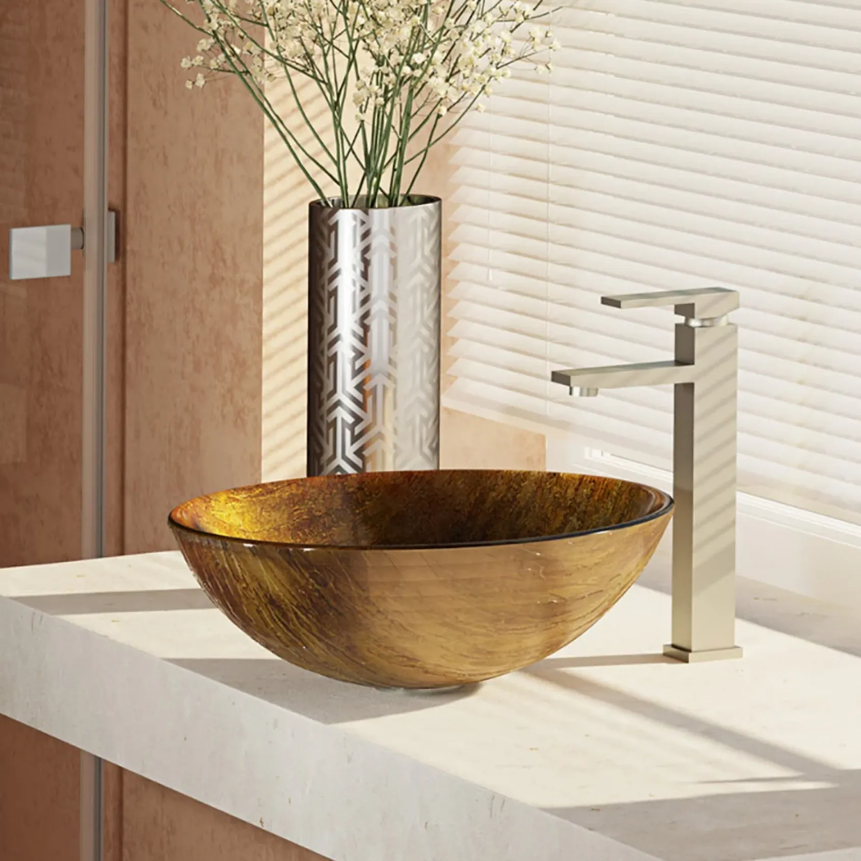 Rene 17" Round Glass Bathroom Sink, Bronze, with Faucet, R5-5030-R9-7003-BN
