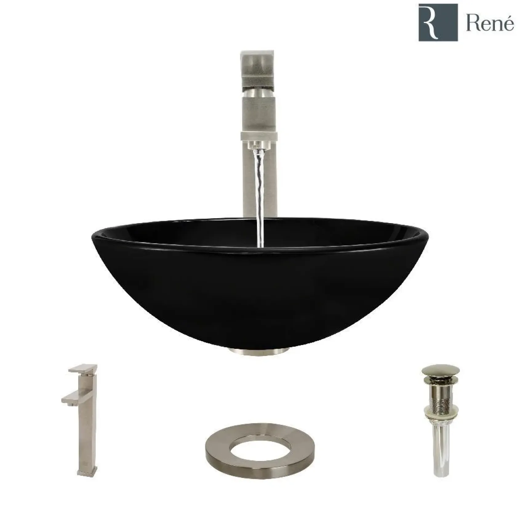 Rene 17" Round Glass Bathroom Sink, Noir, with Faucet, R5-5001-NOR-R9-7003-BN